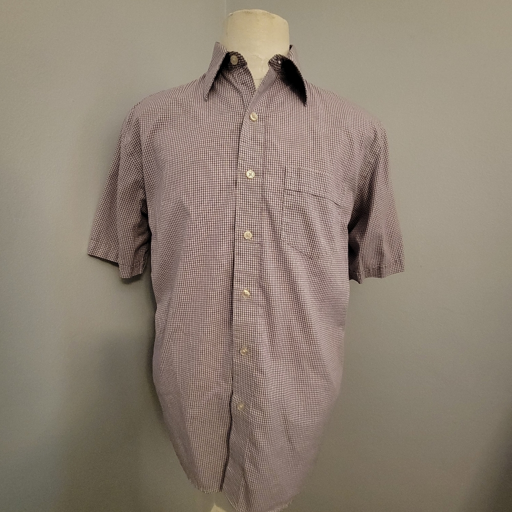 Van Heusen Men's Medium Purple & White Check Button Short Sleeve Shirt 15-15 1/2